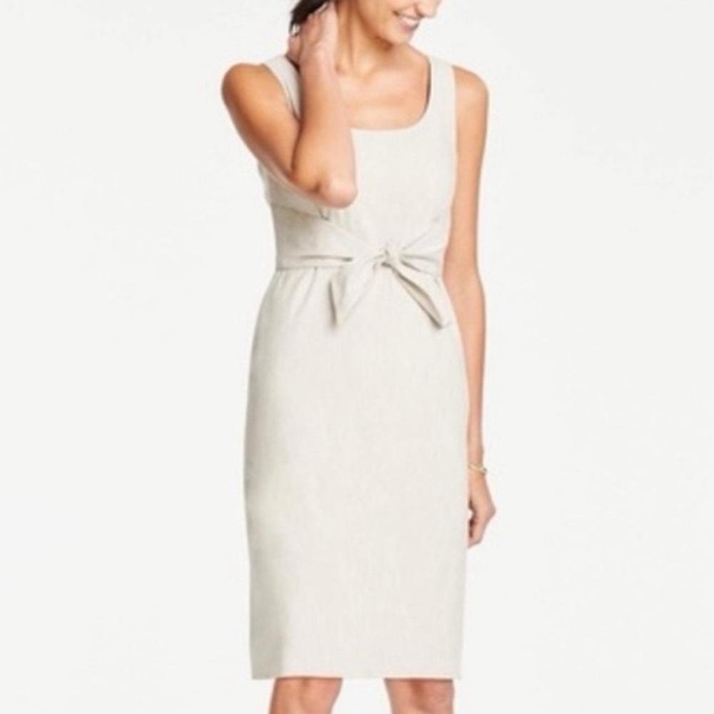 Ann Taylor Cream Midi Dress with Self-tie Bow Detail, fully lined.